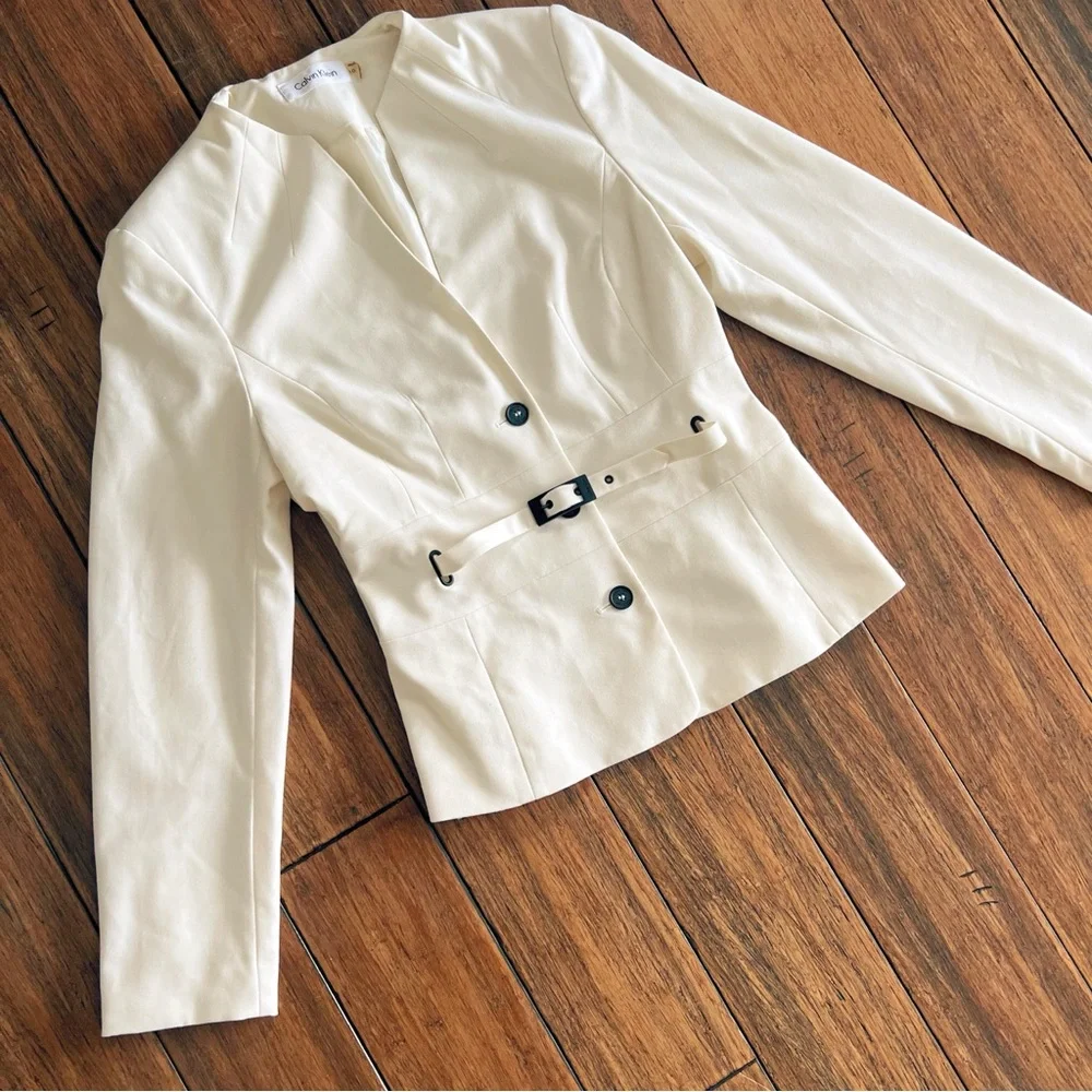 Calvin Klein Cream Blazer 10 Belted Career Office Chic Business Quiet Luxury - Picture 2 of 10
